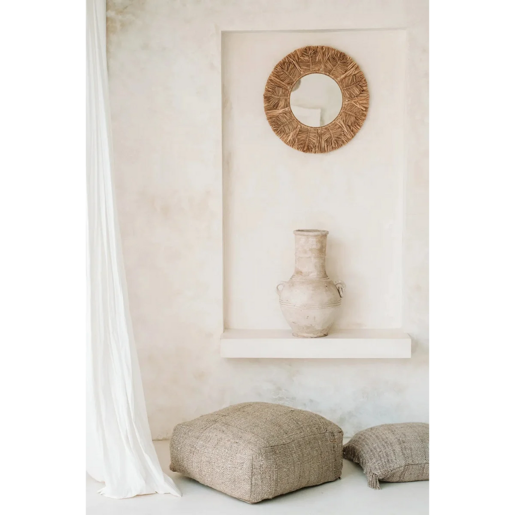 Miroir mural rond avec cadre en raphia naturel et coquillages, 60 cm