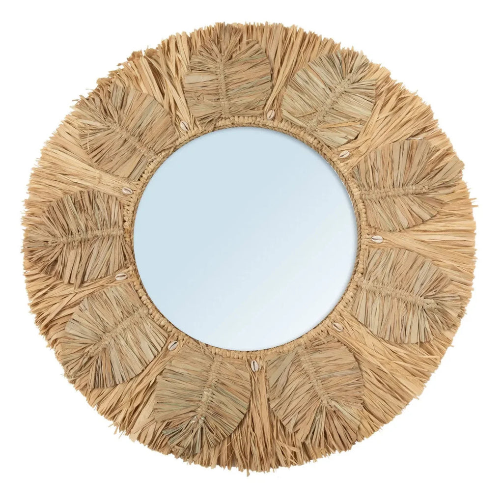 Miroir mural rond en raphia naturel avec coquillages, 60 cm, décoration bohème