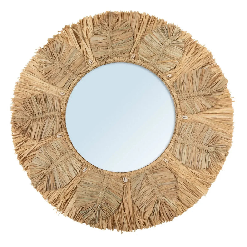 Miroir mural rond en raphia naturel et coquillages 60 cm