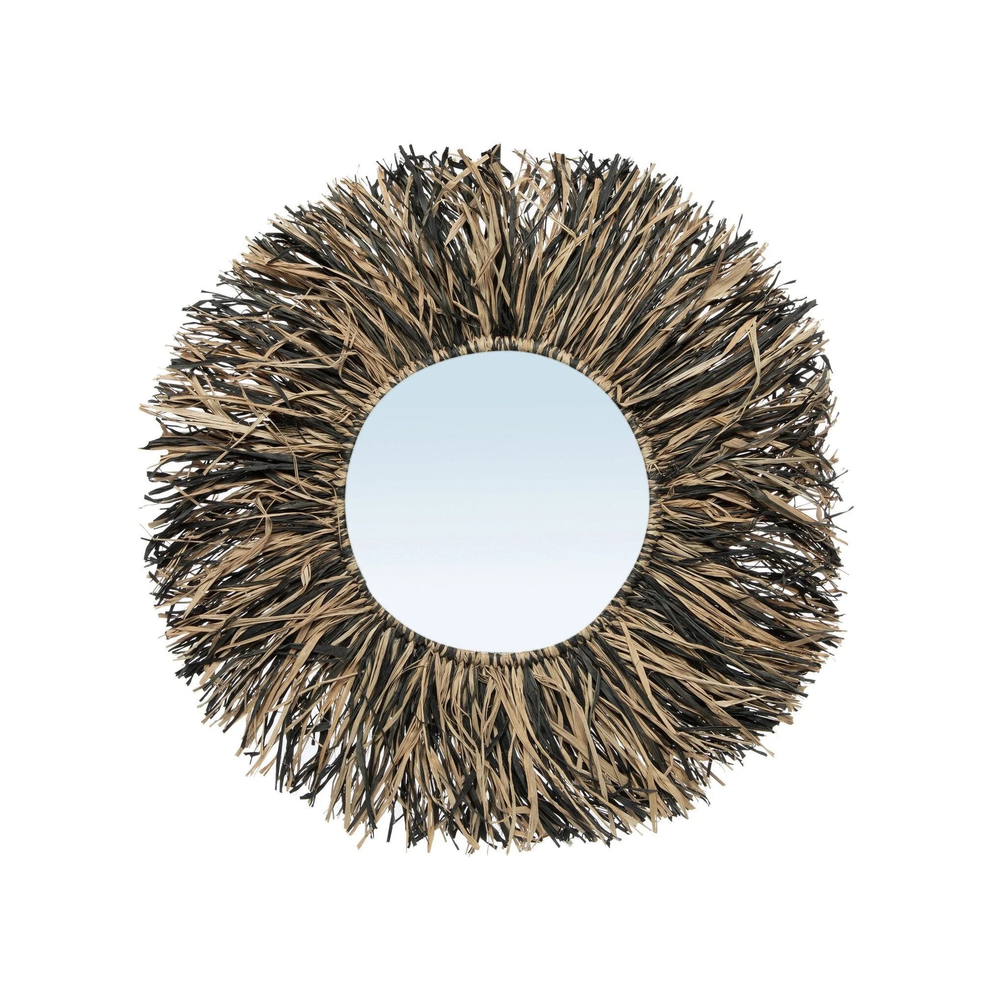 Miroir mural rond avec cadre en raphia naturel et noir soleil, diamètre 45 cm