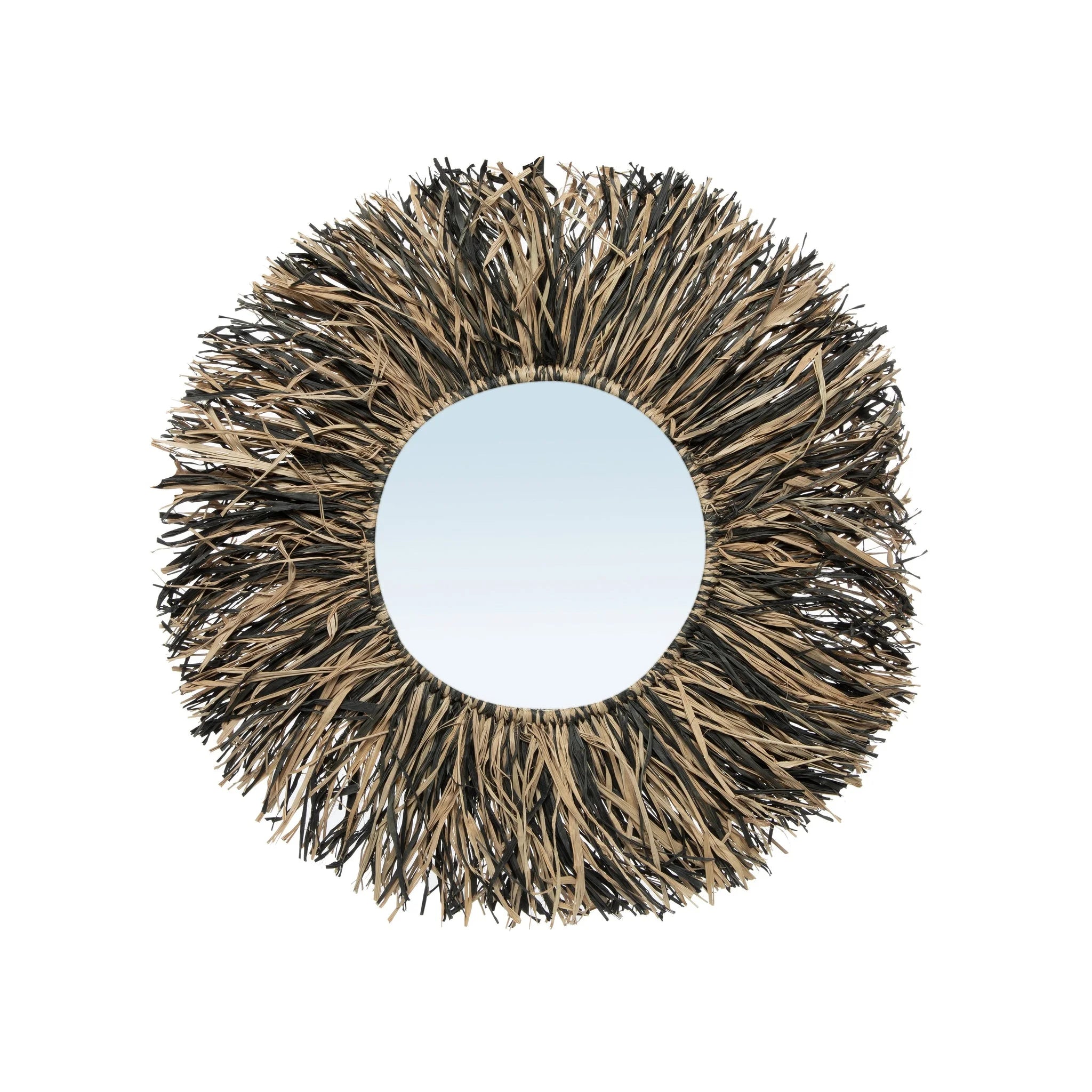 Miroir mural rond en raphia naturel et noir soleil – Ø45 cm