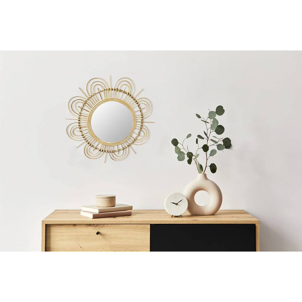 Miroir mural rond en rotin avec motif soleil, cadre rayonnant en rotin naturel