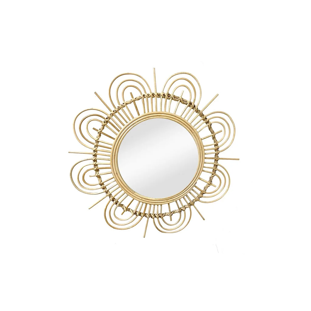 Miroir mural rond avec cadre en rotin soleil de 51 cm de diamètre
