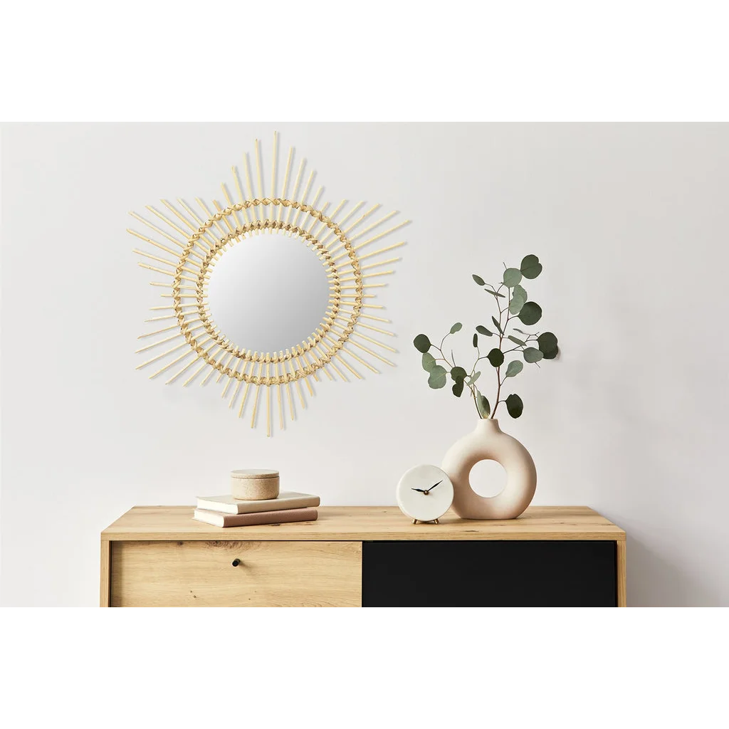 Miroir mural rond en rotin motif soleil avec cadre étoilé de couleur claire Ø70 cm