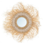 Miroir mural rond en rotin naturel avec coquillages et straws motifs floraux Ø55 cm
