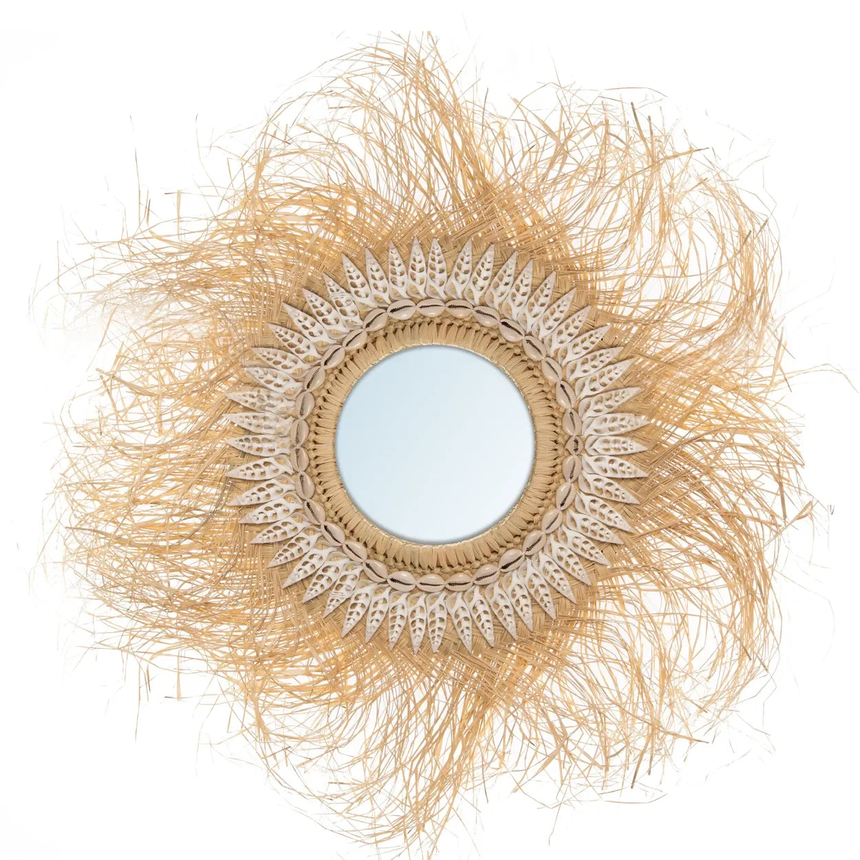 Miroir mural rond en rotin naturel avec coquillages et straws motifs floraux Ø55 cm