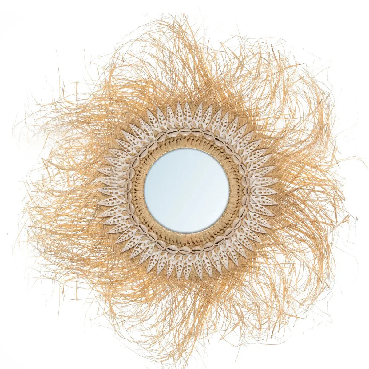 Miroir mural rond en rotin naturel avec frange en raffia et bordure de coquillages
