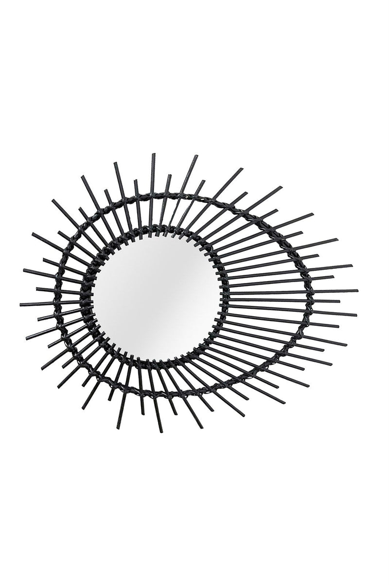 Miroir mural rond en rotin noir motif œil solaire – Ø58 cm