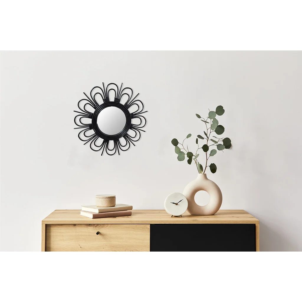 Miroir mural rond en rotin noir motif pétales avec sunburst en forme d’étoile