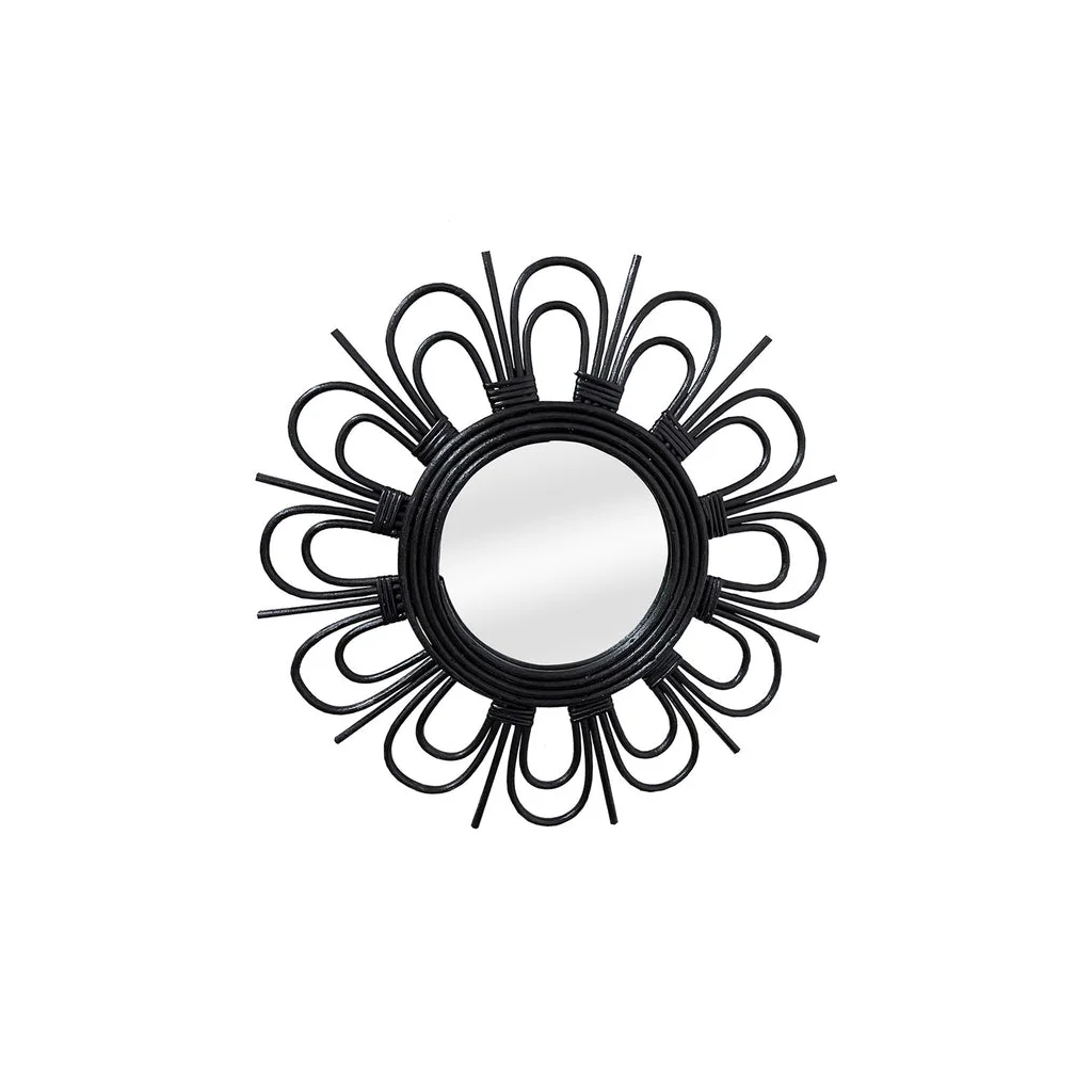 Miroir mural rond en rotin noir avec rayons en boucle et surface réfléchissante centrale