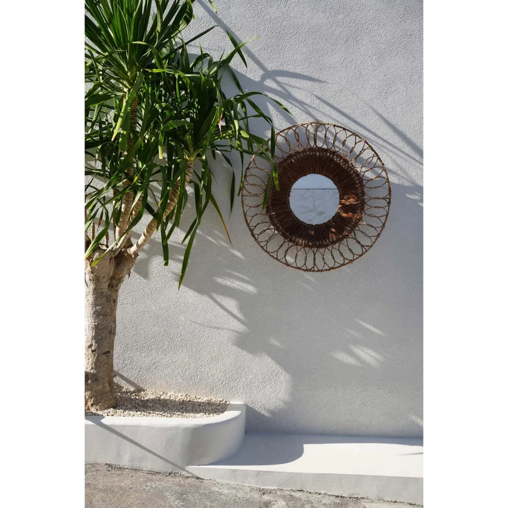 Miroir mural rond en rotin tressé naturel ajouré – Ø80 cm