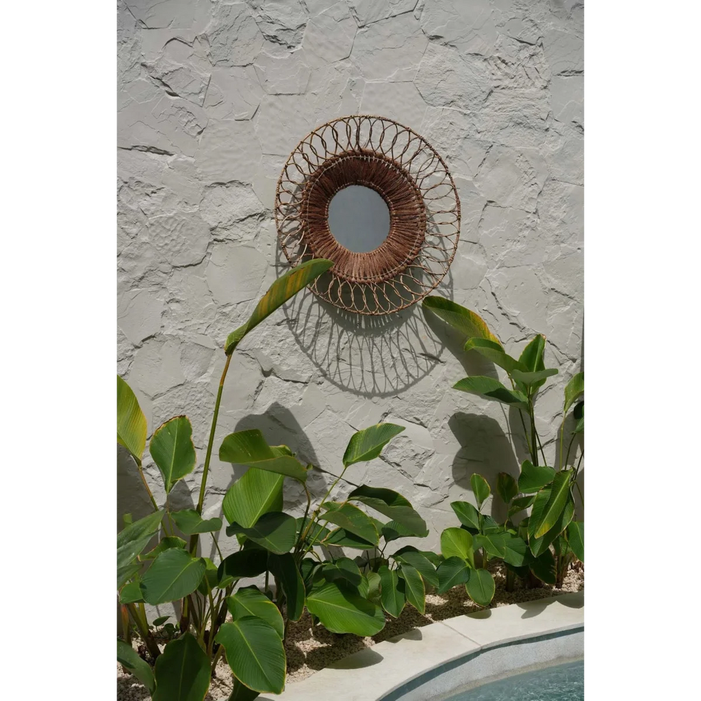 Miroir mural rond en rotin tressé naturel ajouré – Ø80 cm