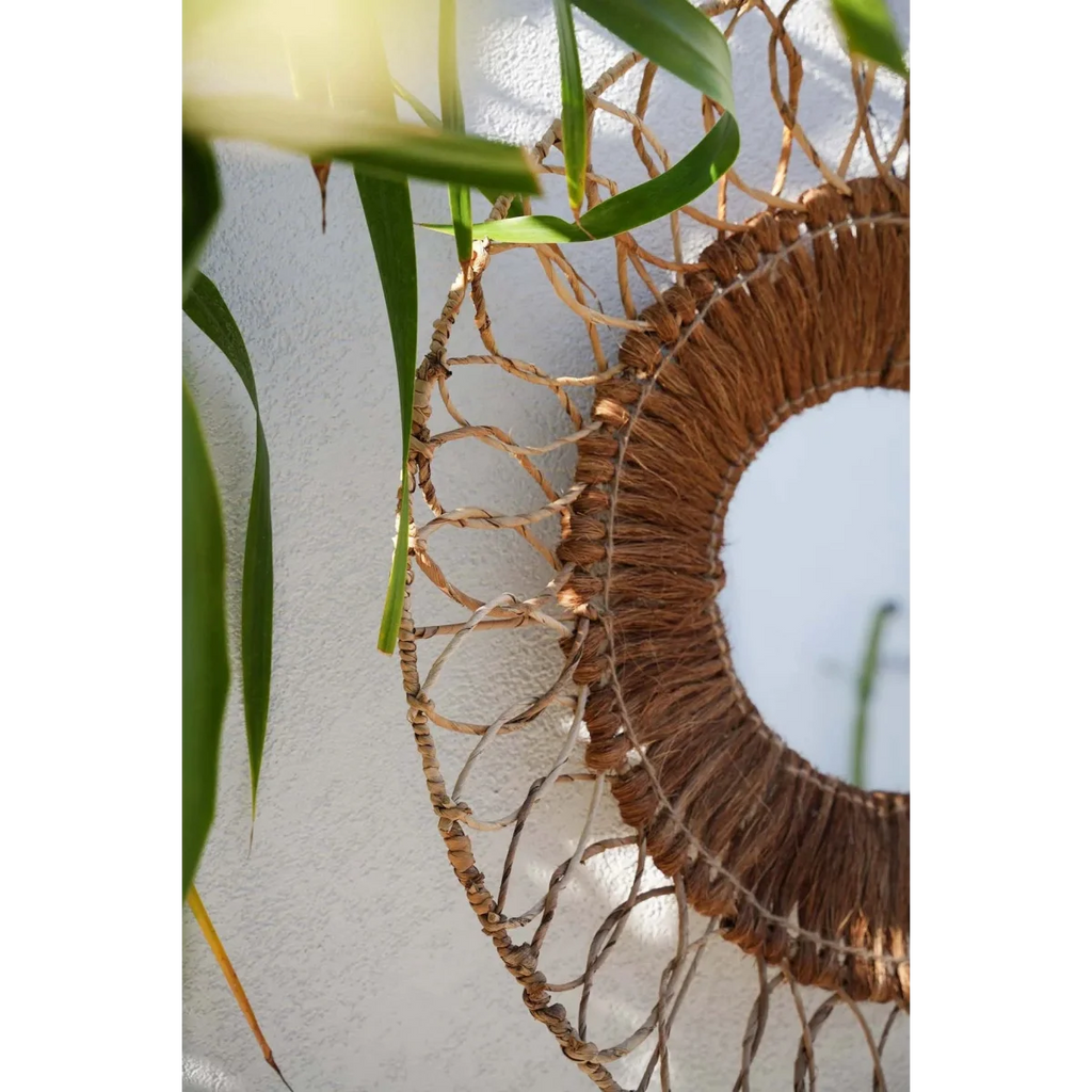 Miroir mural rond en rotin tressé naturel ajouré – Ø80 cm