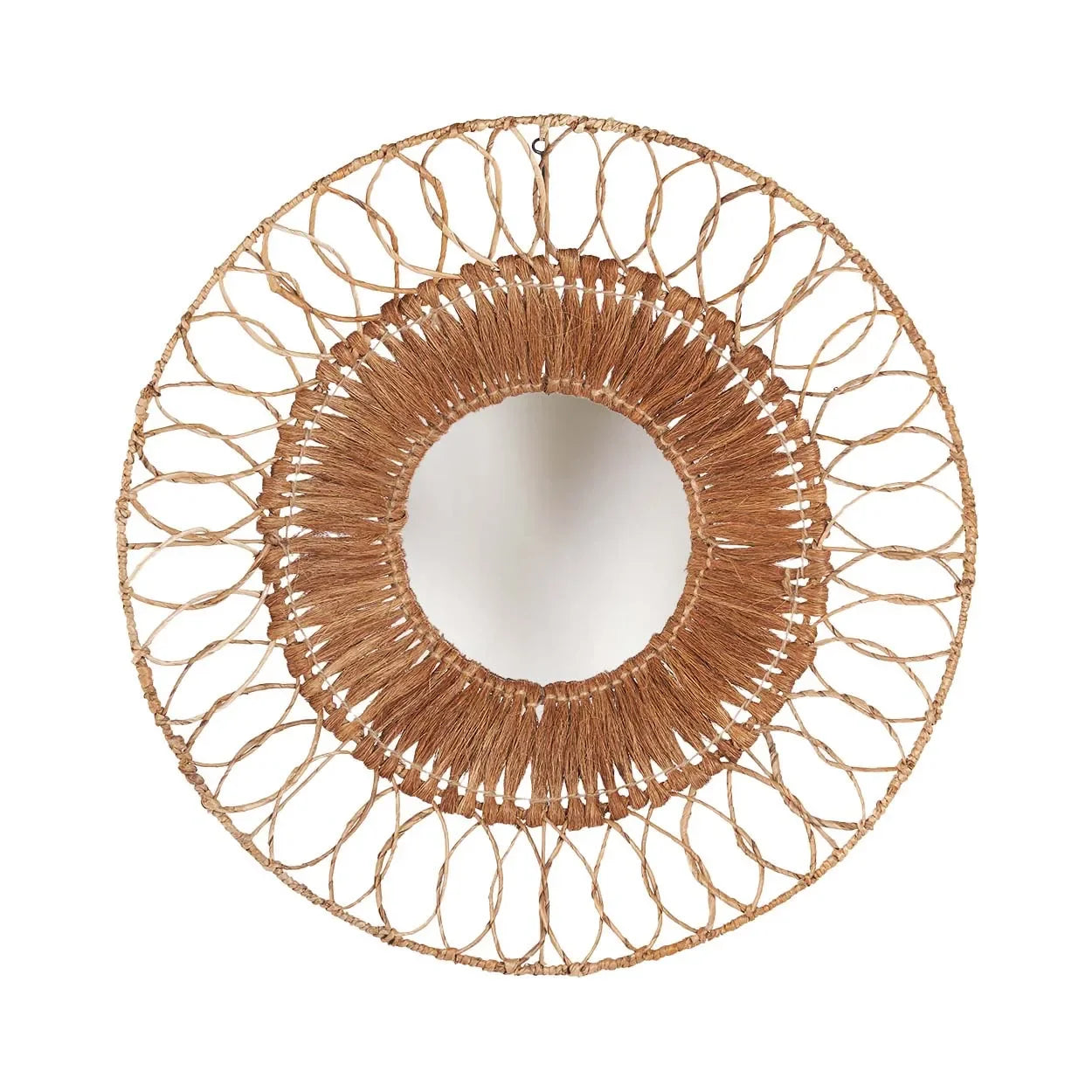 Miroir mural rond en rotin tressé naturel avec motif ajouré Ø80 cm