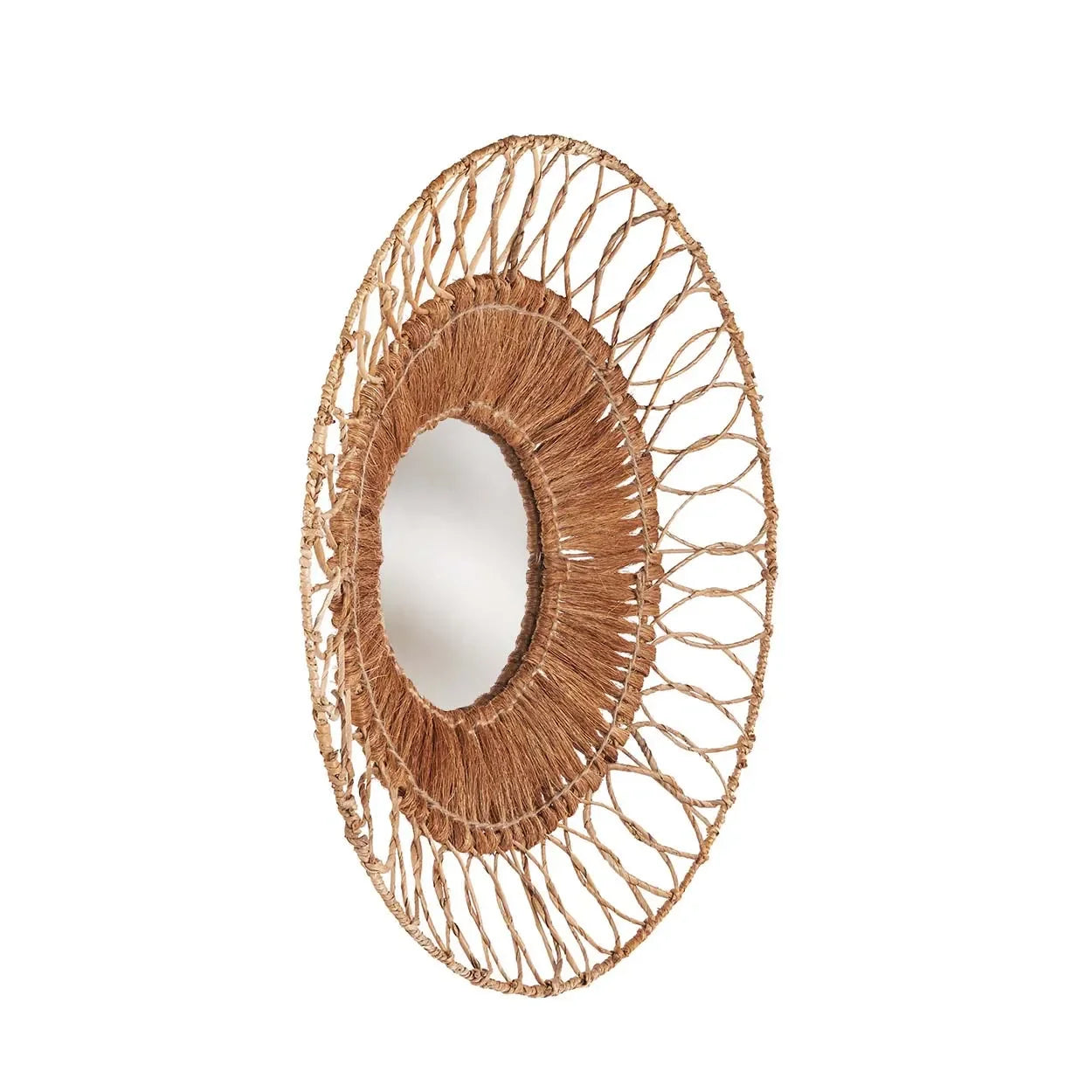 Miroir mural rond en rotin tressé naturel avec cadre ajouré, diamètre 80 cm