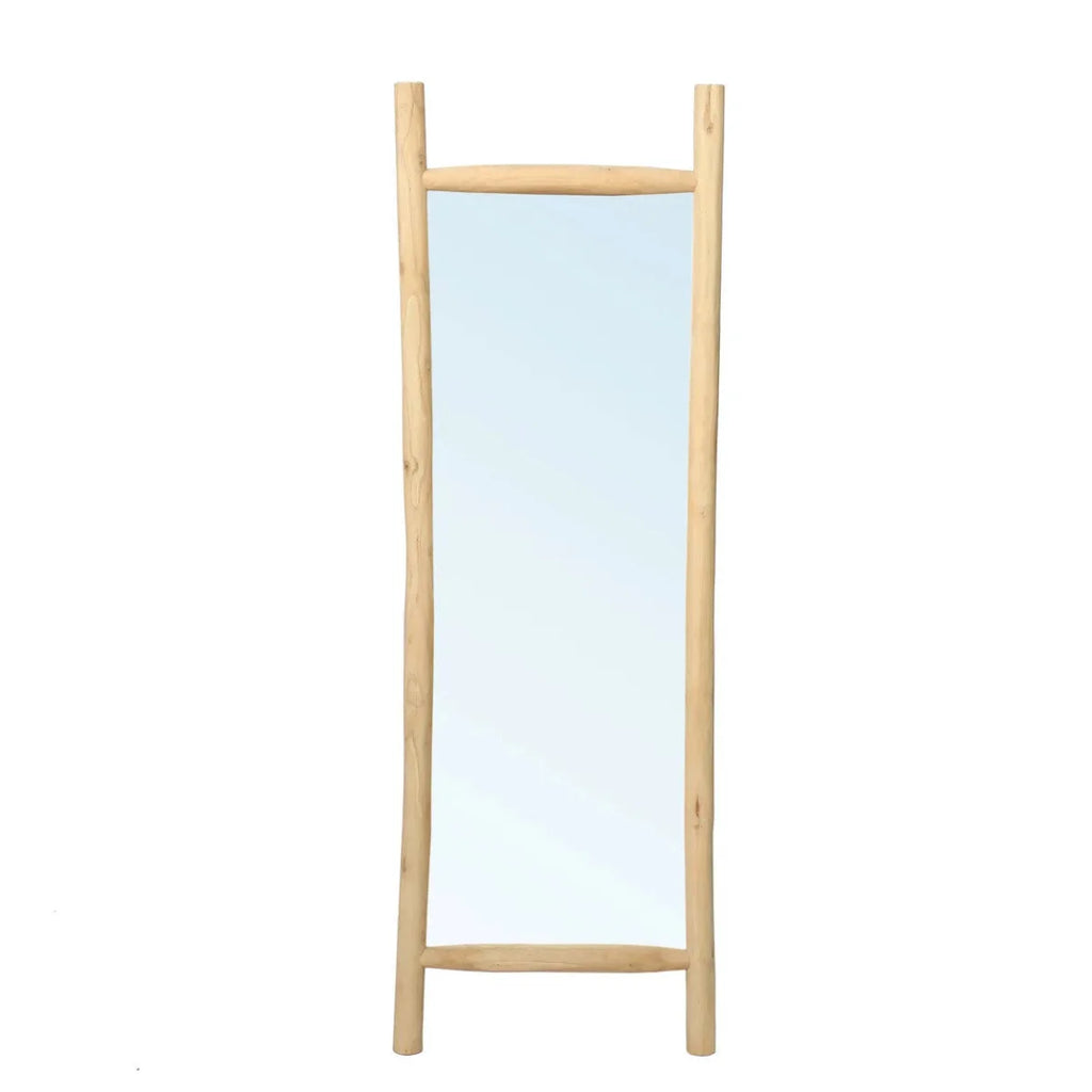Miroir sur pied en teck naturel avec cadre en bois clair pour chambre 170 cm