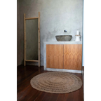 Tapis rond en jute tissé pour la chambre avec miroir sur pied en teck naturel