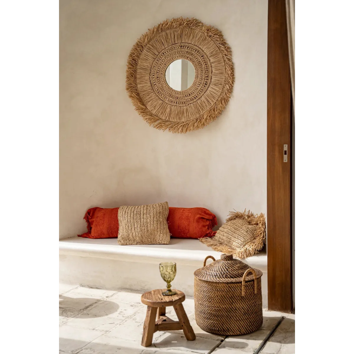 Miroir en raphia naturel rond 70 cm avec franges artisanales