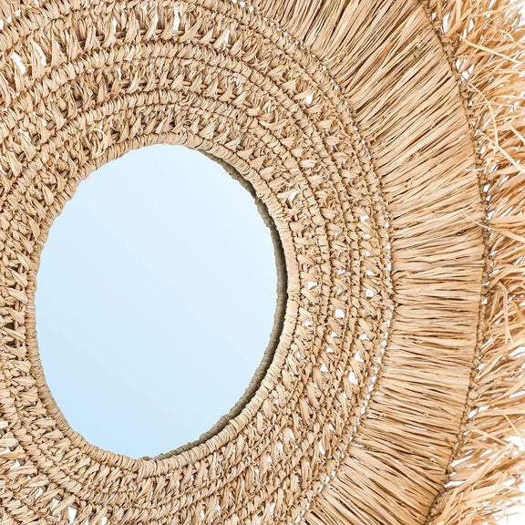 Miroir en raphia naturel rond 70 cm avec franges artisanales