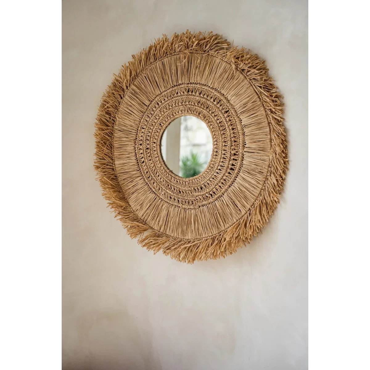 Miroir en raphia naturel rond 70 cm avec franges artisanales