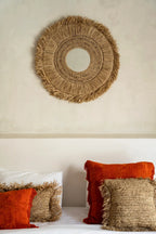 Miroir en raphia naturel rond 70 cm avec franges artisanales
