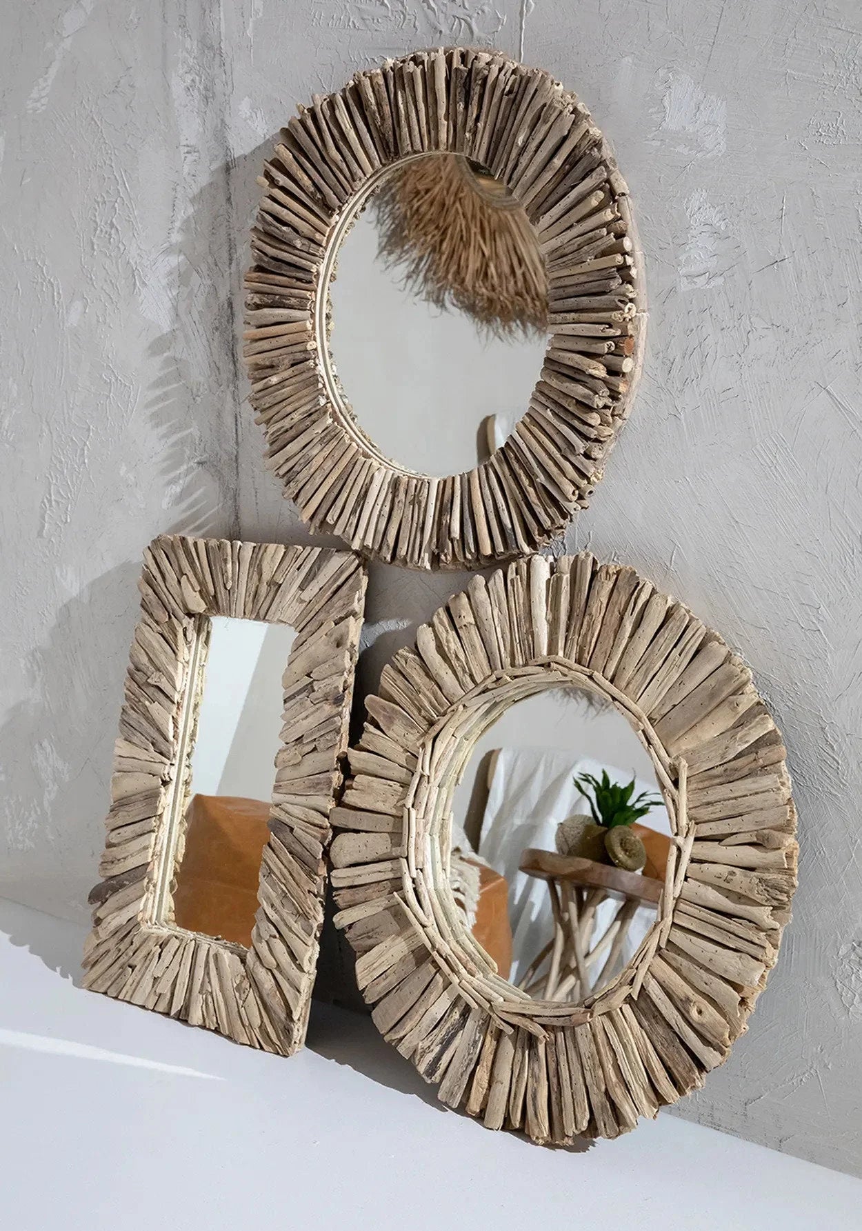 Miroirs décoratifs avec cadres en bois flotté naturel, 60x41 cm
