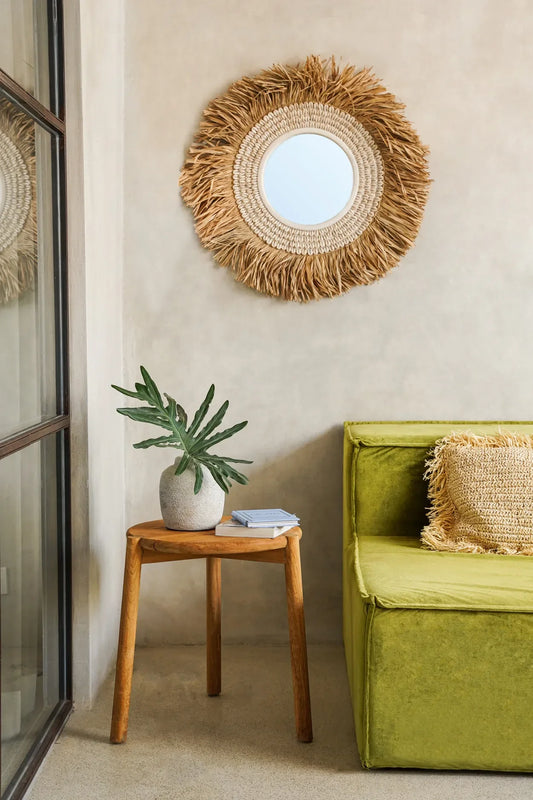 Miroir rond 75 cm en raphia et coquillages naturel blanc