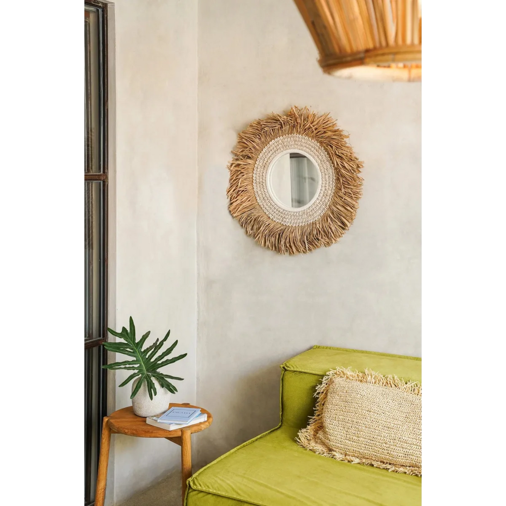 Miroir rond de 75 cm avec cadre en raphia et coquillages naturels blancs