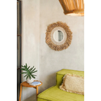 Miroir rond de 75 cm avec cadre en raphia et coquillages naturels blancs