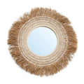 Miroir rond 75 cm avec cadre en raphia naturel, coquillages blancs et tressage