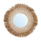 Miroir rond 75 cm avec cadre en raphia naturel, coquillages blancs et tressage