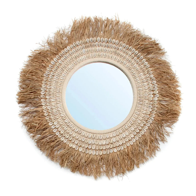 Miroir rond 75 cm en raphia et coquillages naturel blanc