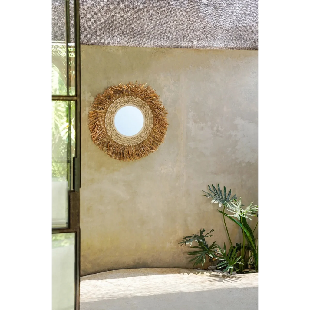 Miroir rond 75 cm avec cadre en raphia et coquillages naturels blancs