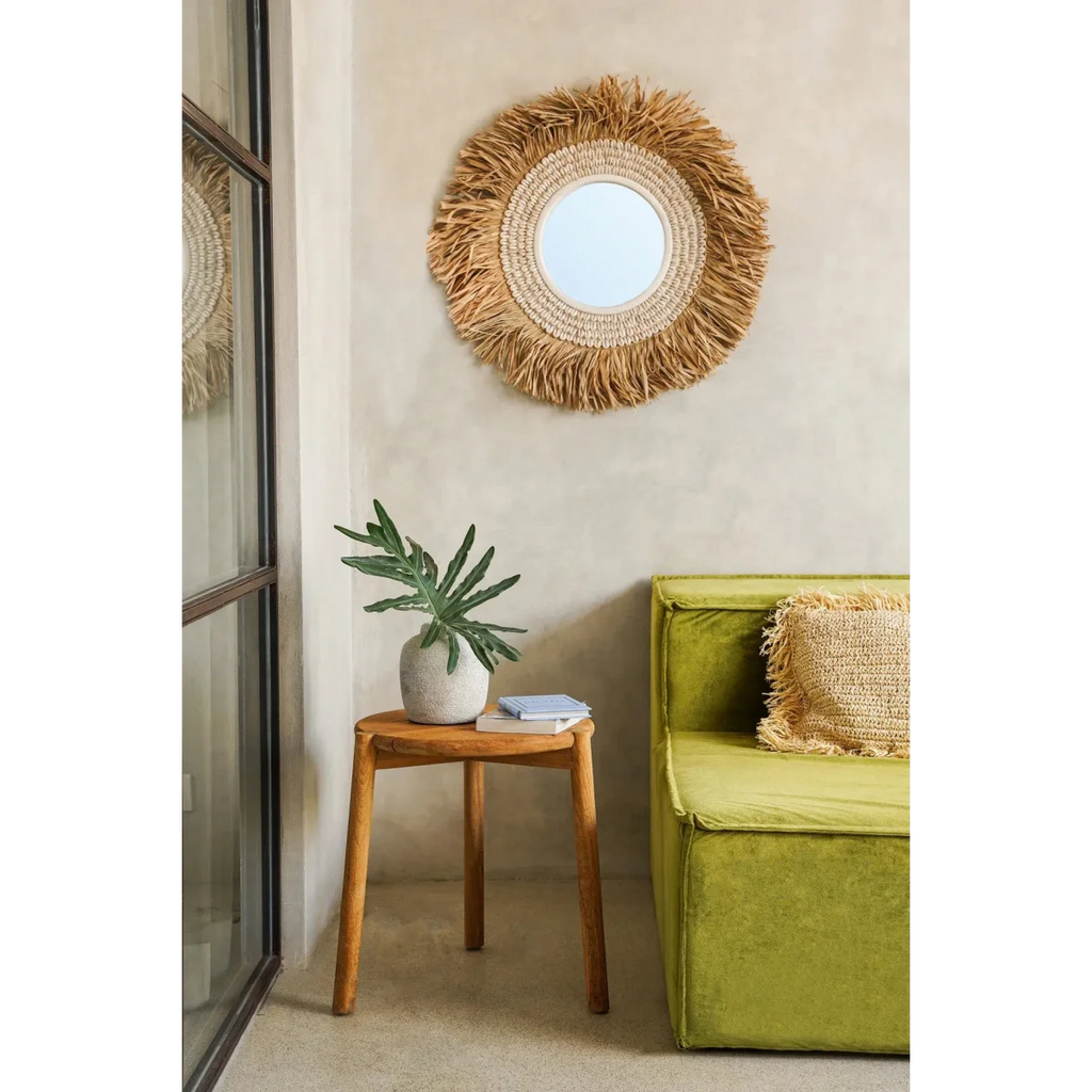 Miroir rond 75 cm avec cadre en raphia et coquillages naturels blancs