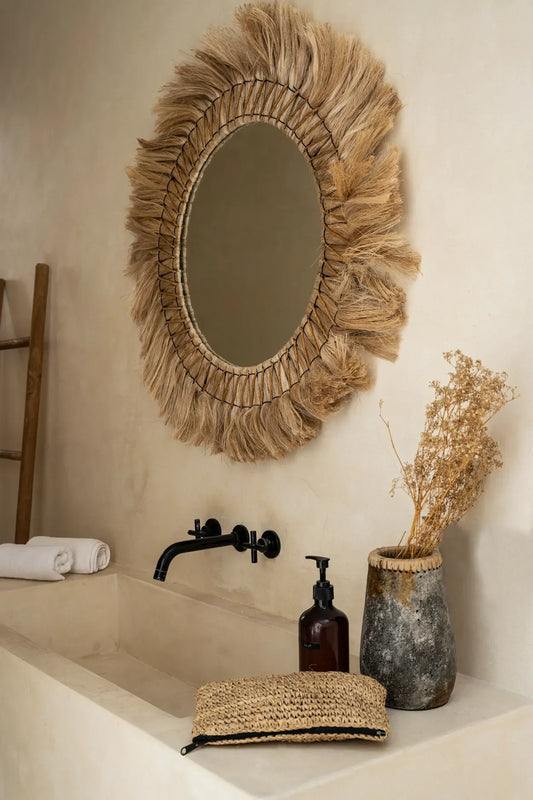 Miroir rond 90 cm en herbe naturelle tressée
