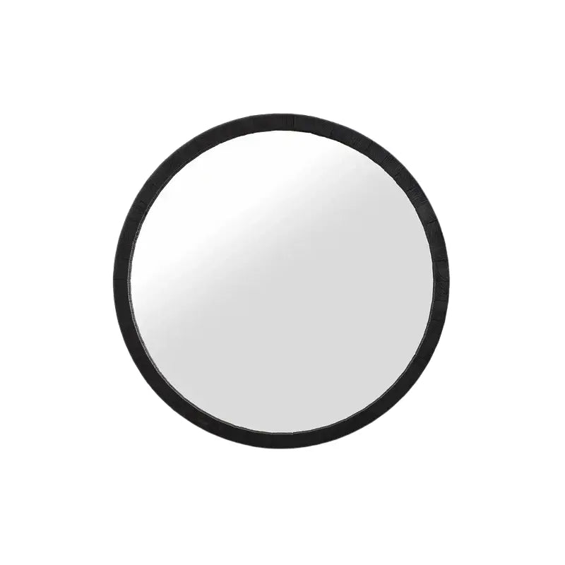 Miroir rond en bois noir 80 cm avec cadre en teck recyclé et finition brossée, sur fond blanc.