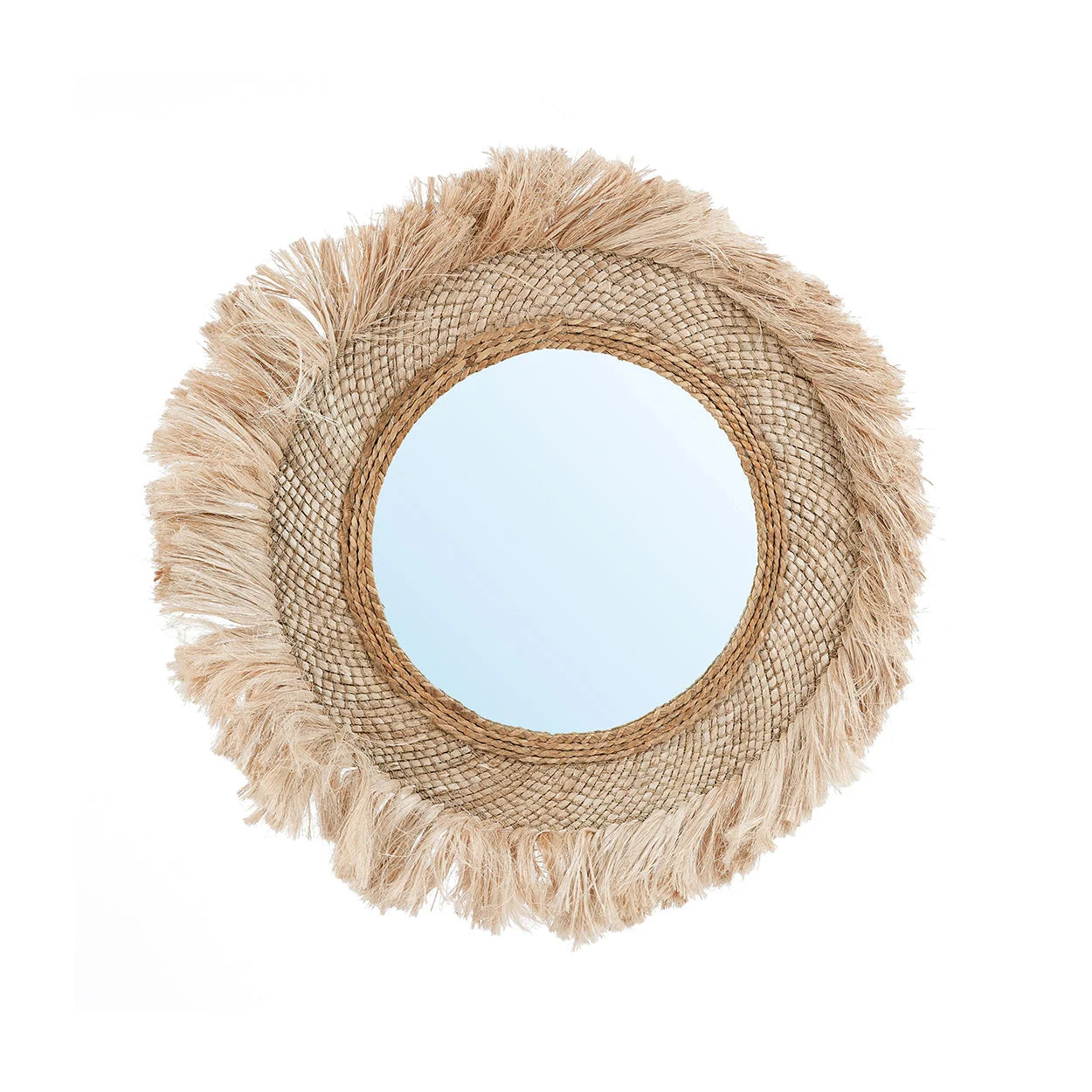 Miroir rond en fibres naturelles avec franges soleil, Ø85 cm