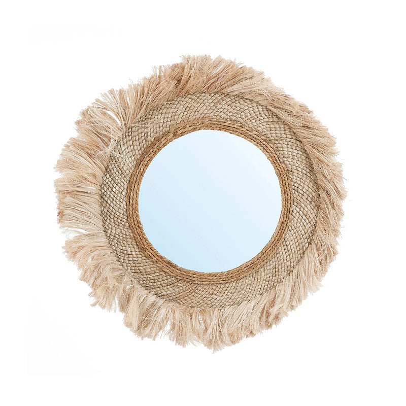 Miroir rond en fibres naturelles avec franges soleil – Ø85 cm