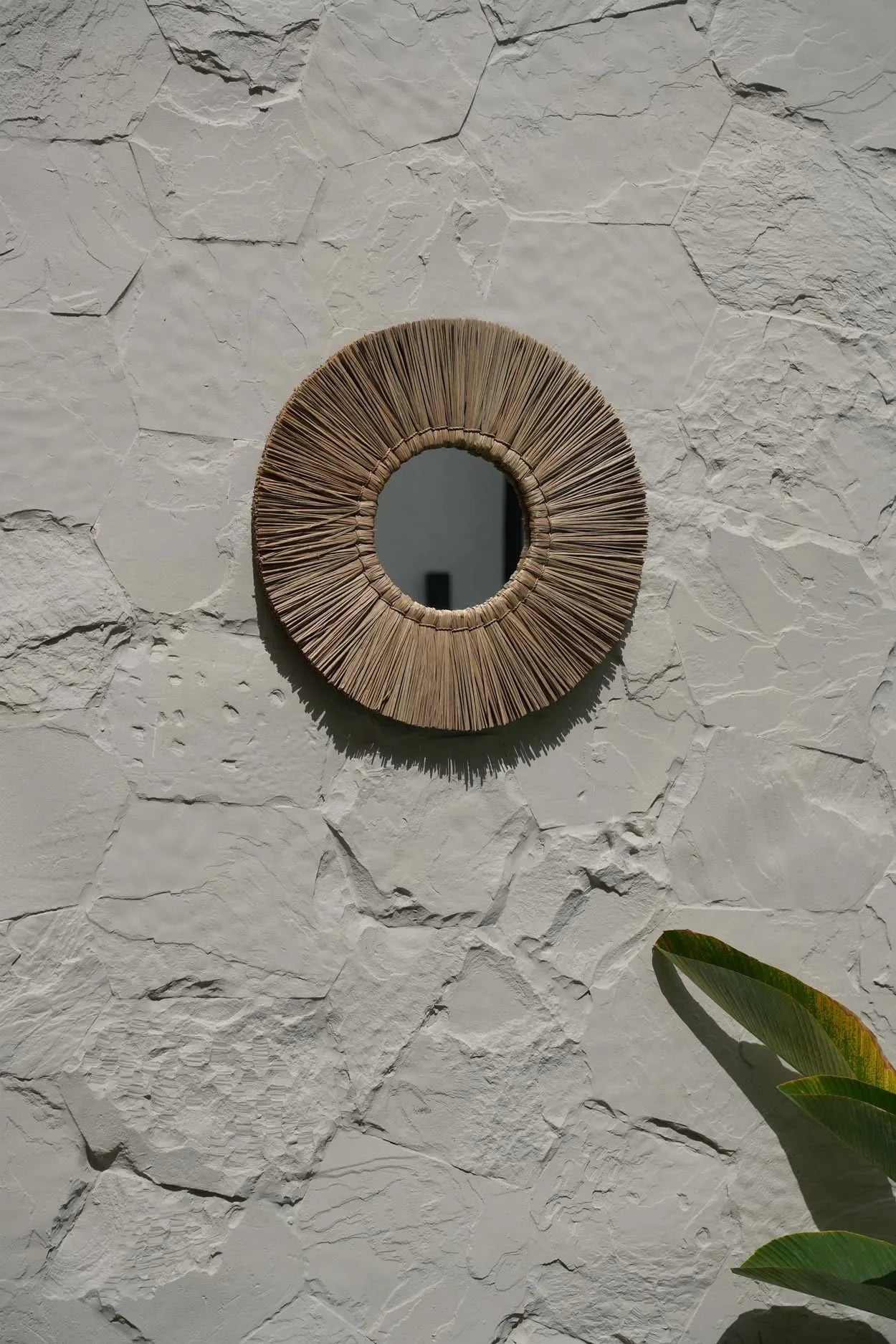 Miroir rond en herbe Alang Alang 45 cm naturel avec cadre en paille de riz