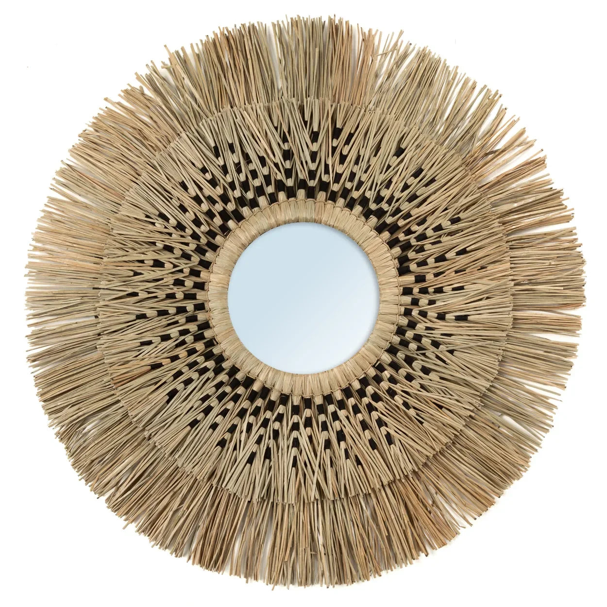 Miroir rond en herbe et coton noir 70 cm artisanat