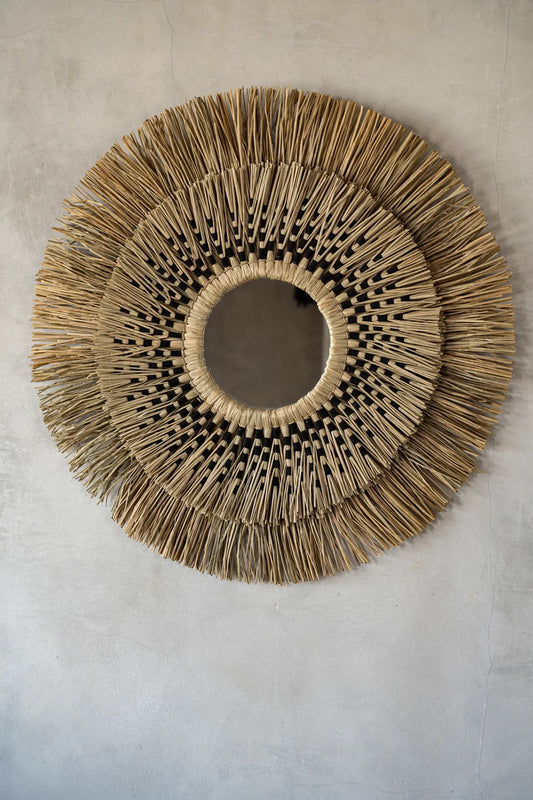 Miroir rond en herbe et coton noir 70 cm artisanat