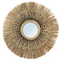 Miroir rond en herbe et coton noir 70 cm avec cadre en paille tissée et franges