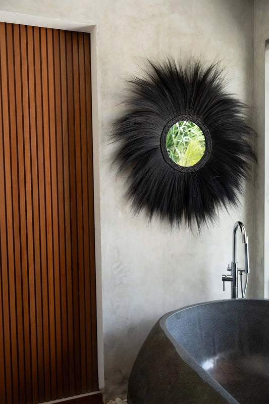 Miroir rond en herbe de Rayung noire 70 cm mural