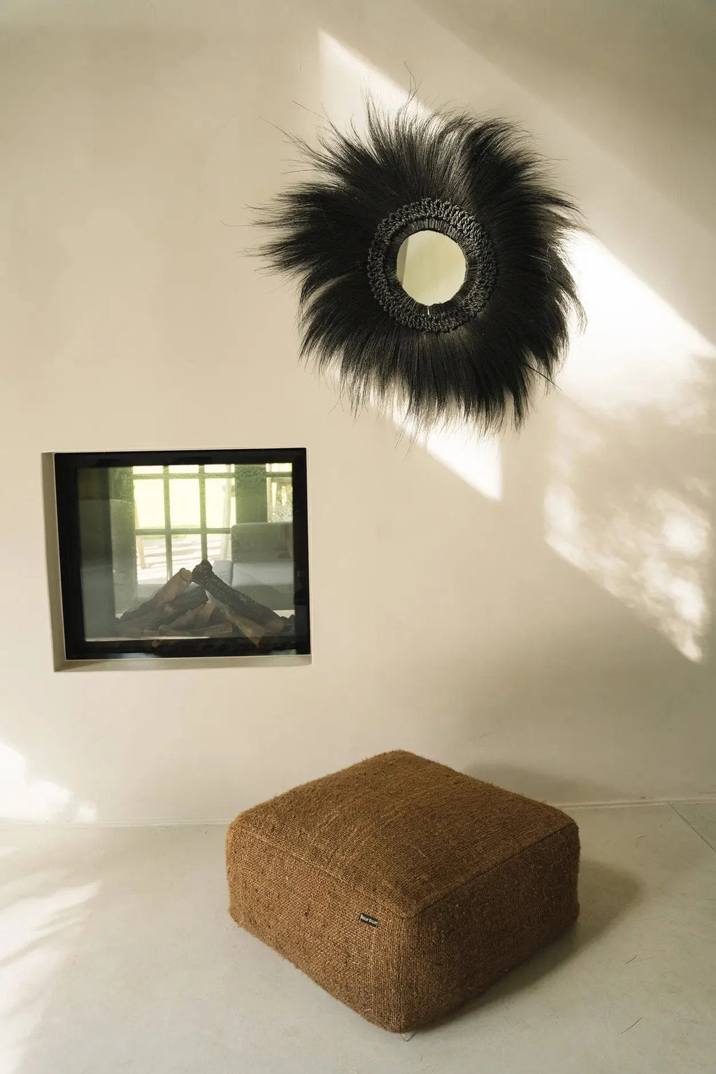 Miroir rond en herbe de Rayung noire 70 cm mural avec cadre en plumes noires