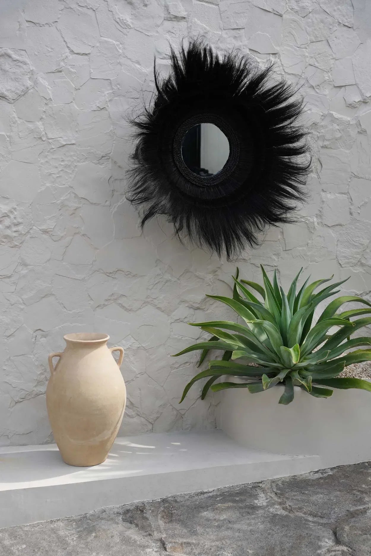 Miroir rond en herbe séchée noire 90cm