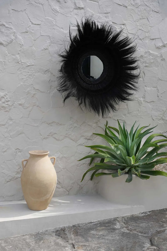 Miroir rond en herbe séchée noire 90cm