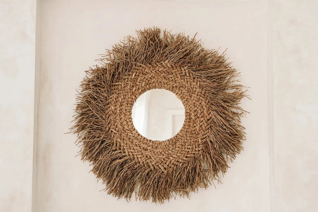 Miroir rond mural en jacinthe d’eau naturelle avec franges, diamètre 75 cm