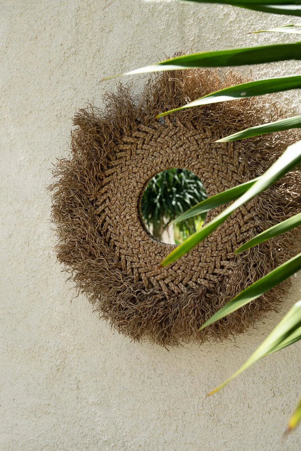 Miroir rond mural en jacinthe d’eau naturelle avec franges, diamètre 75 cm