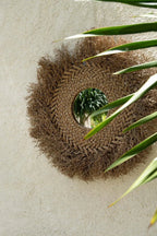 Miroir rond mural en jacinthe d’eau naturelle avec franges, diamètre 75 cm