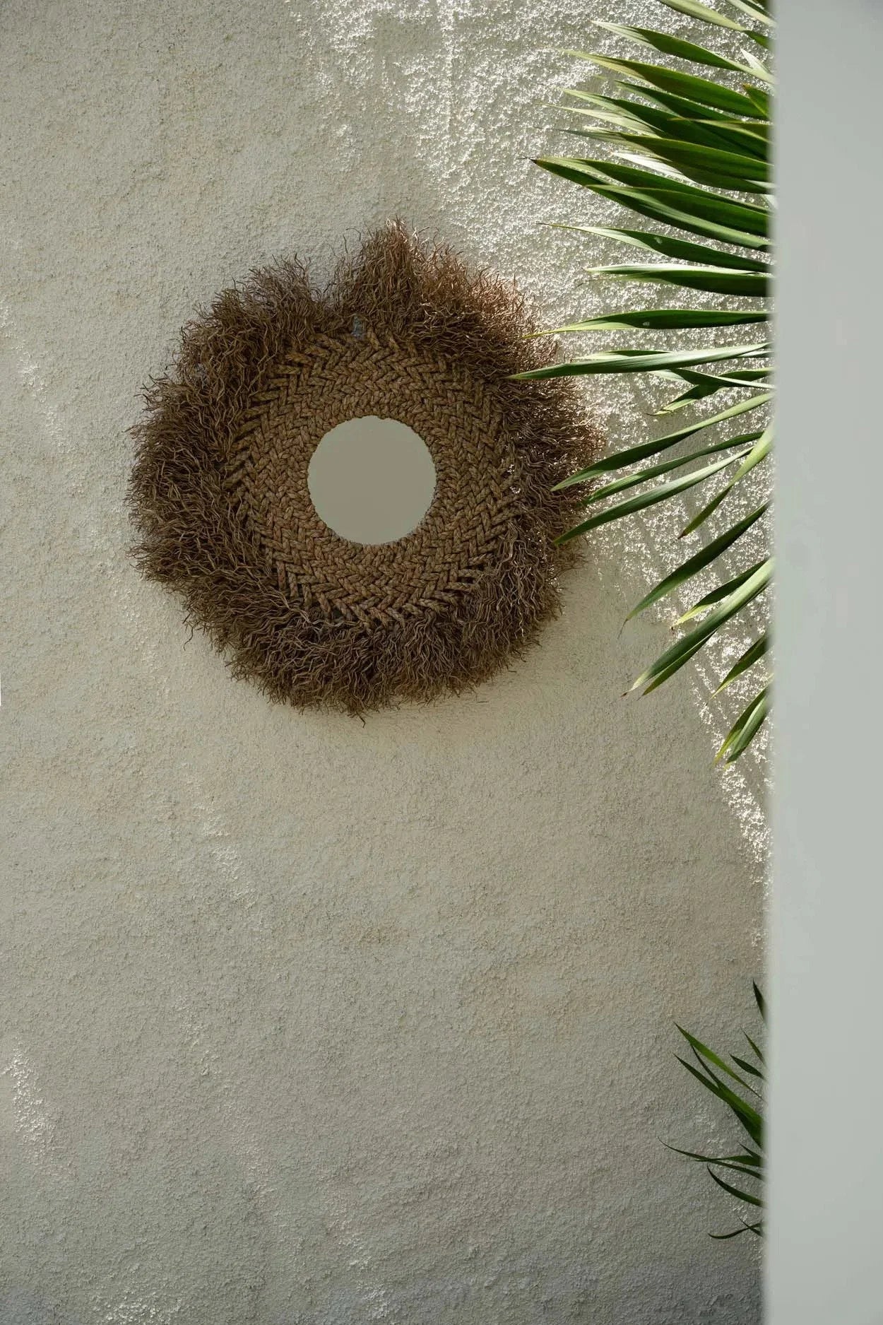 Miroir rond mural en jacinthe d’eau naturelle avec franges, diamètre 75 cm